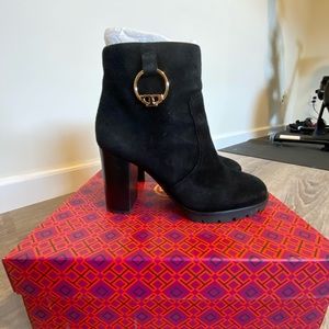 Tory Burch black and royal tan suede booties